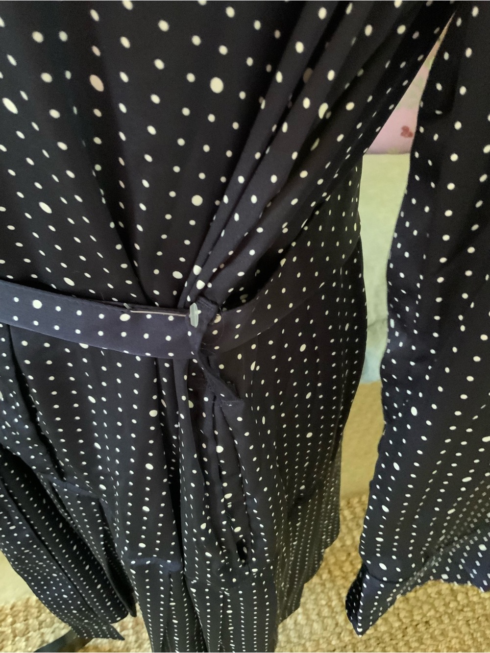 Free Assembly Silky Navy Polka Dot Shirt Dress with Tie Waist - Picture 4 of 6